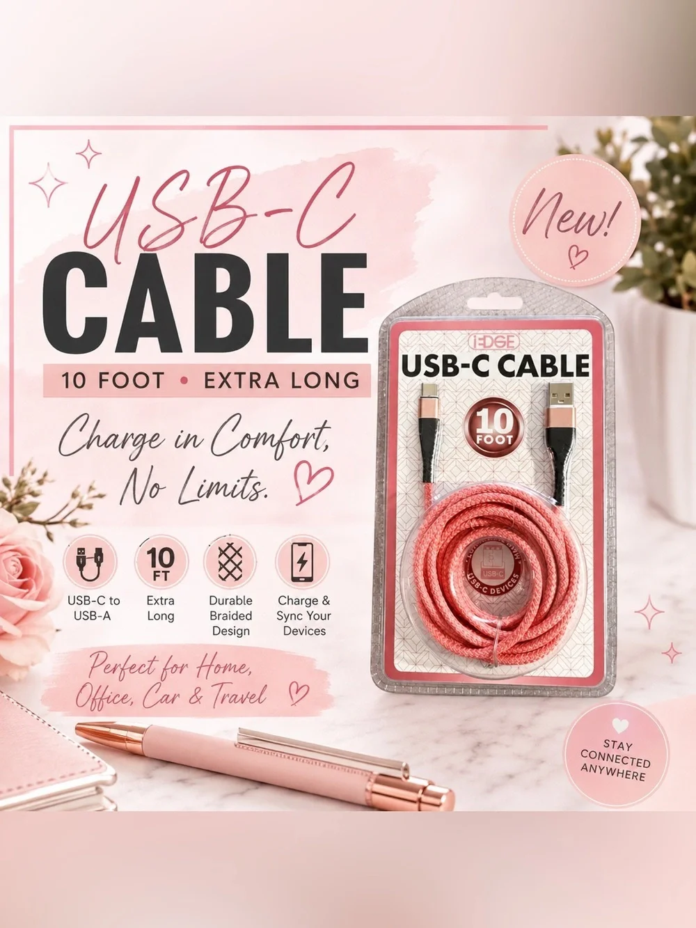 NWT iEdge 10 Ft USB-C to USB-A Braided Charging Cable Pink